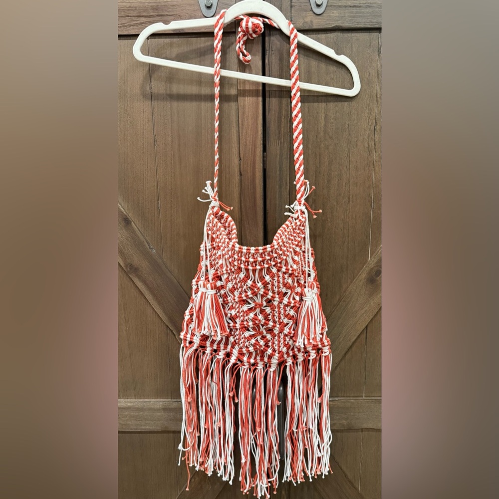 NWT RAJ‎ LA Macramé Fringe Crossbody – Red & Cream Boho Bag - Picture 2 of 3